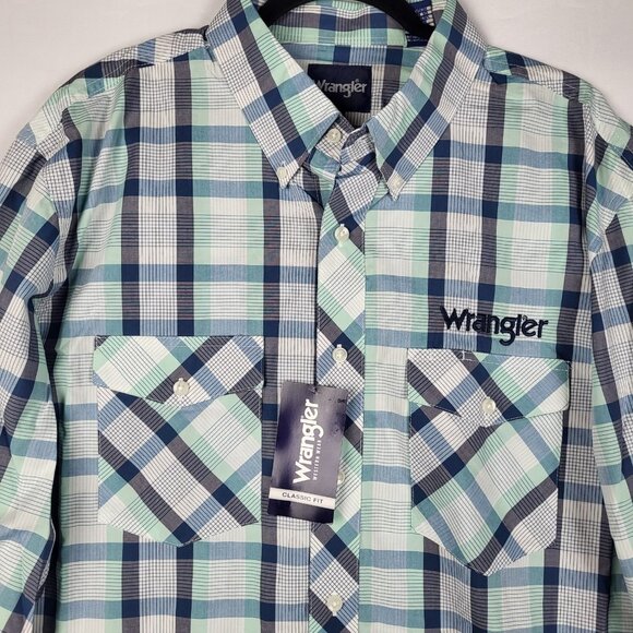 Wrangler Plaid Spellout Shirt Mens XL Tall Blue Green Button Up Western NWT - Picture 16 of 16